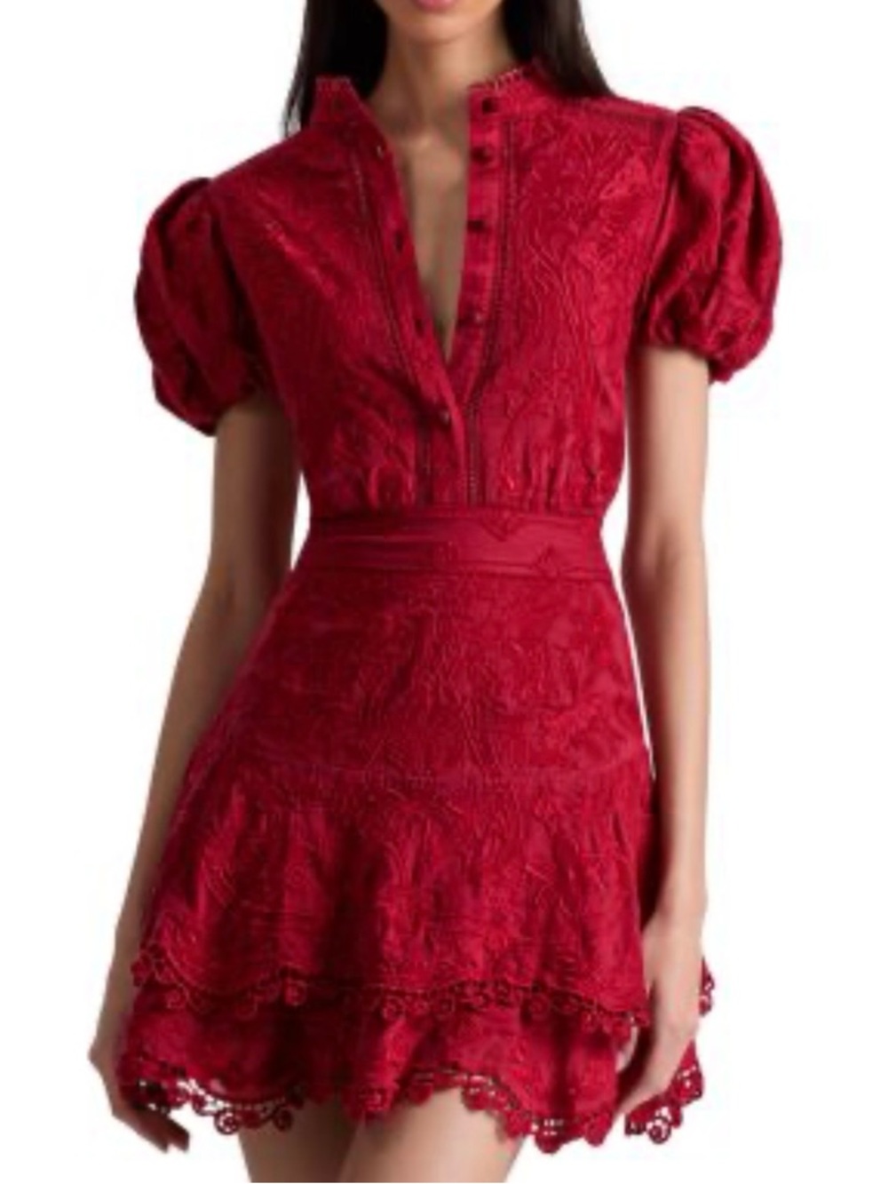 Alice + Olivia Red Lace Puff-Sleeve Mini Dress